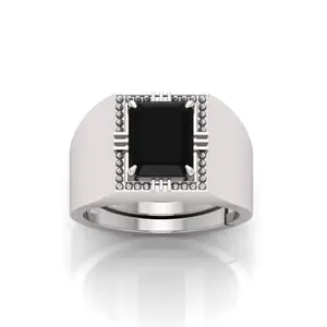 Mens White Plated Ring with Black Onyx Bold Square Cut Statement Ring Vintage Style Signet Jewelry for Men