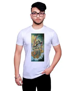 NITYANAND CREATIONS Men's Round Neck Half Sleeve White Printed T-Shirt - Casual and Stylish Tee with Unique Print Design |Nc-1700805-Xl
