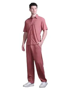 CHKOKKO Men Solid Track Suit Casual Coords Summer Wear Clothing Set Stylish Gents Cord Half Sleeves Latest Co Ords Polo Neck Western Co-ord Set Pink M