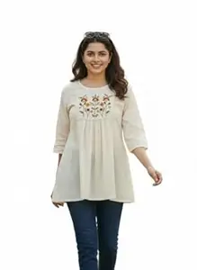 Hitarth Fashion Women Floral Embroidered Casual Khadi Top with 3/4 Sleeves Button-Down Mandarin Collar Off-White