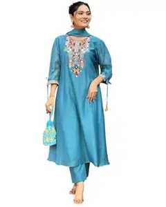 SIYARAM SELECTIONS Women's Cotton Mirror Work Embroidered Straight Kurti With Pant and Dupatta Set