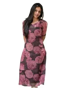 ANANT Women Organza Fabric Digital Printed Short Sleeves Pattern Kurti for Women, Long Kurti