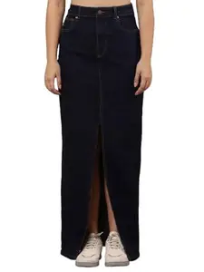 NOBARR Women's Denim Slim Fit Front Slit Dark Blue Maxi Skirt