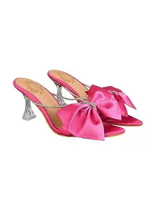 Shoetopia Women’s Satin Bow Pink Heeled Sandals, Rhinestone Strap Slingback, Peep Toe with Clear Flared Heel Comfortable EU40