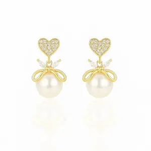IStyleRight Luxe Love Drops Earrings, Gold Heart Crystal Stud with Pearl Drop, Bow Design