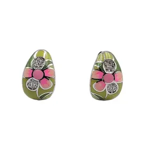 Amonroo Pink Flower Enamel Sterling Silver Hoop Earrings Rhoduim Plated Earrings CZ Petal Flower Design Earrings Minimalist Handmade Gift-14x9 mm