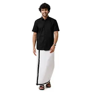 UATHAYAM Varna Black Cotton Slim Fit Solid Half Sleeve Shirt and Dhoti Set Combo