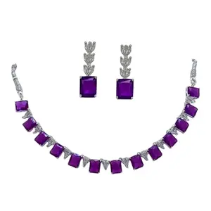 American Diamond Jewellery Set for Women | Stylish Purple Stone Necklace & Earrings| Fancy Fashion Jewelry | Wedding & Saree Look Jewellery Set | AD & CZ Purple Jwellery for Girls & Women