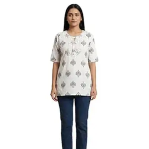 Teenager Girl(5'3 Height) Cotton Printed Straight Short Kurti with Tie-up Neck, Half Sleeves, M to XL (White & Indigo Mughal Motif Printed Kurti)