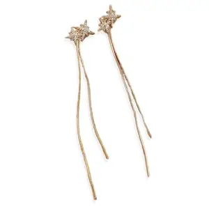 Korean AD Studed Stars Golden Chain Long Drop Earrings for Women and Girls