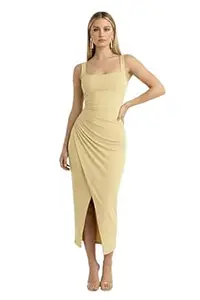 DESI RIWAAZ Women’s Slim Fit Solid Black Bodycon Square Neck Midi Dress, Sleeveless Stretch Fabric with Side Split for Cocktail, Dinner, Club & Evening Use