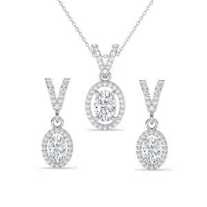 Clara 925 Sterling Silver Halo Oval Solitaire Pendant Earrings Chain Necklace Jewellery Set | Platinum Plated, Swiss Zirconia |Gift for Women and Girls