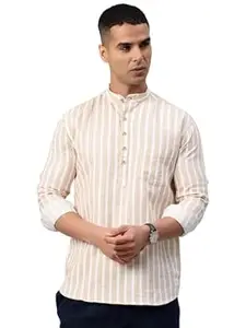 Majestic Man Men's Pure Cotton Striped Mandarin Collar Slim Fit Roll-Up Sleeves Short Kurta