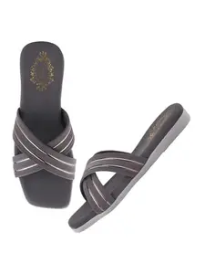 Shoetopia Embellished Cross Strap Grey Flats For Women /EU36