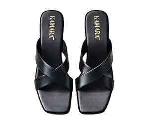 KAMARA Womens Cross Patta Sandals PU Leather, 1.5 Block Heel, Rubber Gola Strap, Comfortable Non-Slip TPR Sole
