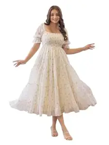 GRECIILOOKS Dress for Women | Georgette Western Square Neck One Piece Dress for Women Short & Long | Ankle Length Casual Summer Dresses for Beach & Stylish Party Outifits Short Sleeve