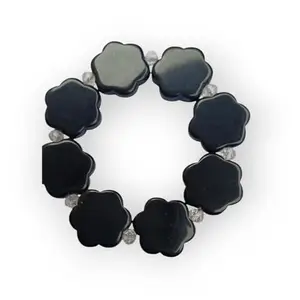 Handmade Flower-Shaped Black Resin Bracelet with Crystal Beads, Stretch Design Fashion Jewellery for Girls and Women