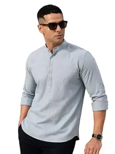 Majestic Man Men's Pure Cotton Solid Mandarin Collar Slim Fit Roll-Up Sleeves Short Kurta Lightweight Summer Kurta for Daily & Occasion Use