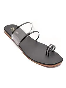 Padvesh Black Women's Casual Toe Ring Flats | Comfortable, Stylish and Fashionable Slip-On Sandals | Daily Uses Outdoor Fashion Slippers | Soft Footbed Flat Sandal For Women & Girls