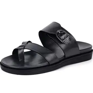 LOUIS STITCH Jet Black Comfortable Leather Sandals | Lightweight Memory Foam Cushion Bed Adjustable Buckle Strap Casual Sliders Flip Flops Slip-on Sandals | LSOF-03-JB | UK-8