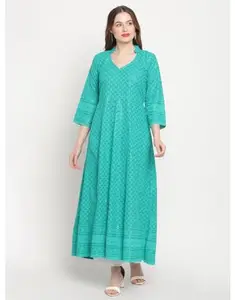Women's Casual 3/4th Sleeve Chikan Embroidery Cotton Kurti (Sea Green, L)-PID48471