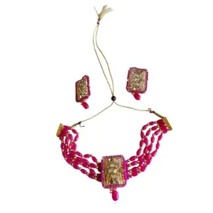Regal Pink Kundan Choker Necklace – Multi-Strand Beaded Bridal Jewellery with Golden Finish