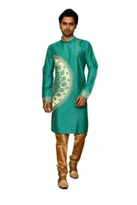 PARBANI MEN'S Admirable Sea Green Colour Kurta Highlighted with Heavy Embroidery (38)
