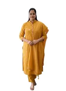 VIINII Women's Embroidered Kurta Set with Dupatta, Floral Embroidery, Cotton Blend, 3-Piece Suit