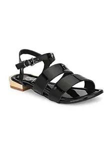ZEBBA Women's Panel Faux Leather Sandal Black, Size:6