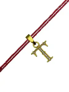 Digital Dress Room T Letter Gold Plated AD Initial Name Maroon Thread Rakhi Lumba for Raksha Bandhan Festival | Rakhee Celebration Bracelet Online for Bhaiya, Bhabhi, Brother, Sister In law