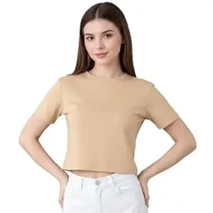 NAVRAAH Women Solid Color Crop Top | Round Neck Half Sleeve Casual T-Shirt | Regular Fit Stylish Top for Girls & Women