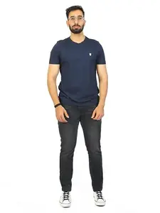 Urbon Fox Men's Pure Cotton Round Neck T-Shirt | Solid Half Sleeve Tshirt | Regular Fit Menswear | Pullover T-Shirt for Men | Branded Plain Tees | Ideal Gift (Large, Navy Blue)