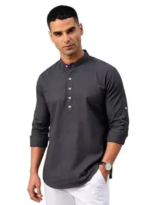 Majestic Man Men's Pure Cotton Solid Mandarin Collar Slim Fit Roll-Up Sleeves Short Kurta Lightweight Summer Kurta for Daily & Occasion Use