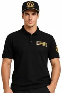 Security Guard Uniform Polo T-Shirt for Men, Black with Gold Embroidery, Professional Security Apparel