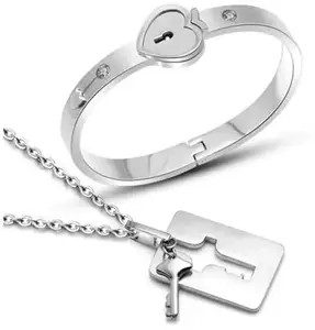 Lila Stainless Steel Couple Lock & Key Bracelet & Chain (Model : 005) White Grey | Couple Set | Gifting Option