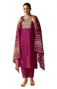 DRESOUL Women's Purple Cotton Silk Kurta Sets for woman, Embroidered Kurta Set with Jacquard Dupatta