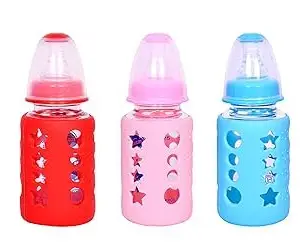 Borosilicate Glass Feeding Bottle/Feeder with Premium Silicon Sleeves/Warmer Cover & Ultrasoft Flow Control Nipple (Pink, Blue & Pink,240 ml 3 Piece Set) Babies Garments