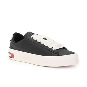Tommy Hilfiger Leather Solid Black Women Flat Sneakers (F23HWFW017) Size- 38