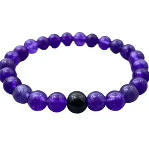 RRJEWELZ Natural Amethyst Jade & Black Onyx 8mm Round Shape Smooth Cut Beads 7 Inch Stretchable Bracelet For Men & Women. Unisex Bracelet For Healing, Meditation, Prosperity, Gift & Luck|STBR_RR_10594_7.0