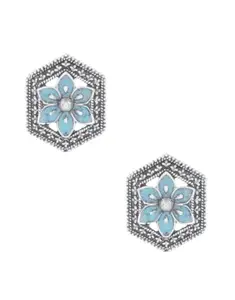 ANURADHA PLUS® Silver Oxidized Finish Traditional Tops Earrings For Women |Designer Small Round Shape Studs Earrings, Tops For Stylish Women (Sky-Blue)