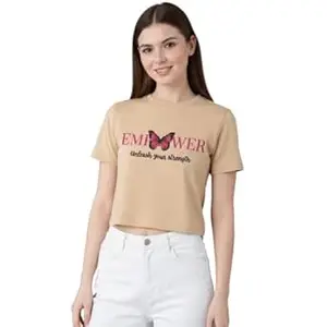 NAVRAAH Women Cotton Crop Top | Printed Empower | Regular Fit | Round Neck | Half Sleeve | Soft Breathable Cotton Casual & Everyday Wear Top