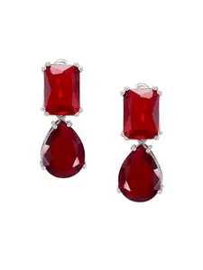 PRIVIU Rhodium Plated Red American Diamond Drop Earrings For Women & Girls