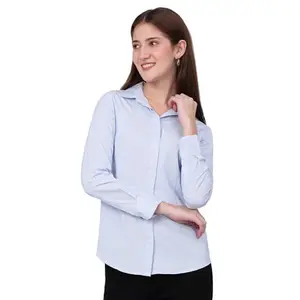 Cantabil Cotton Striped Full Sleeve Slim Fit Formal Shirt for Women | Cotton Formal Shirt for Women | Formal Wear Shirts for Women (LSHF00011_SkyBlue_L)
