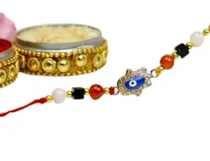 Divine Blessing Evil Eye Rakhi with Crystal Beads, Traditional Thread Bracelet, Gold-Toned