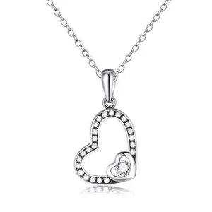 Bling Queen Women's Open Heart Pendant Studded With Cubic Zirconia Stones, Zirconia Inlaid Cable Chain Necklace, Clavicle Chain For Women Trendy, Fancy Chains With Heart Pendant, Double Heart Necklace(Silver)