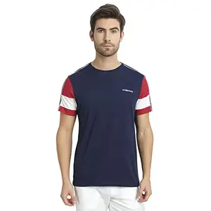 AM SWAN Premium Cotton Colourblock Printed Half Sleeve Crew Neck T-Shirts Navy