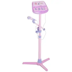 Factory Villa Microphone Musical Toys - Kids Pink Karaoke Adjustable Stand with External Music Function & Flashing Lights Toy for Kids Children Girls