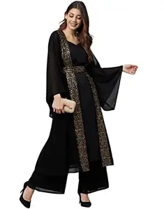 Cottinfab Women Black & Golden Embalished Long Dress with Palazzos Clothing Set
