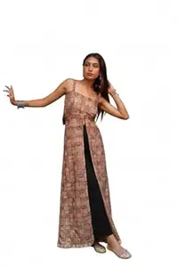 TRISHUDRA Tasveer Ethnic Printed Long Dress for Women with Front Slit |Back Open Bow Tie Detail, | Shoulder Straps