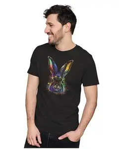 ALLEN BLACK Men's & Women's Regular Fit T-Shirt Colorful Rabbit 100% Cotton Unise T-Shirt Black_RABBIT13-Black XL Men Round_